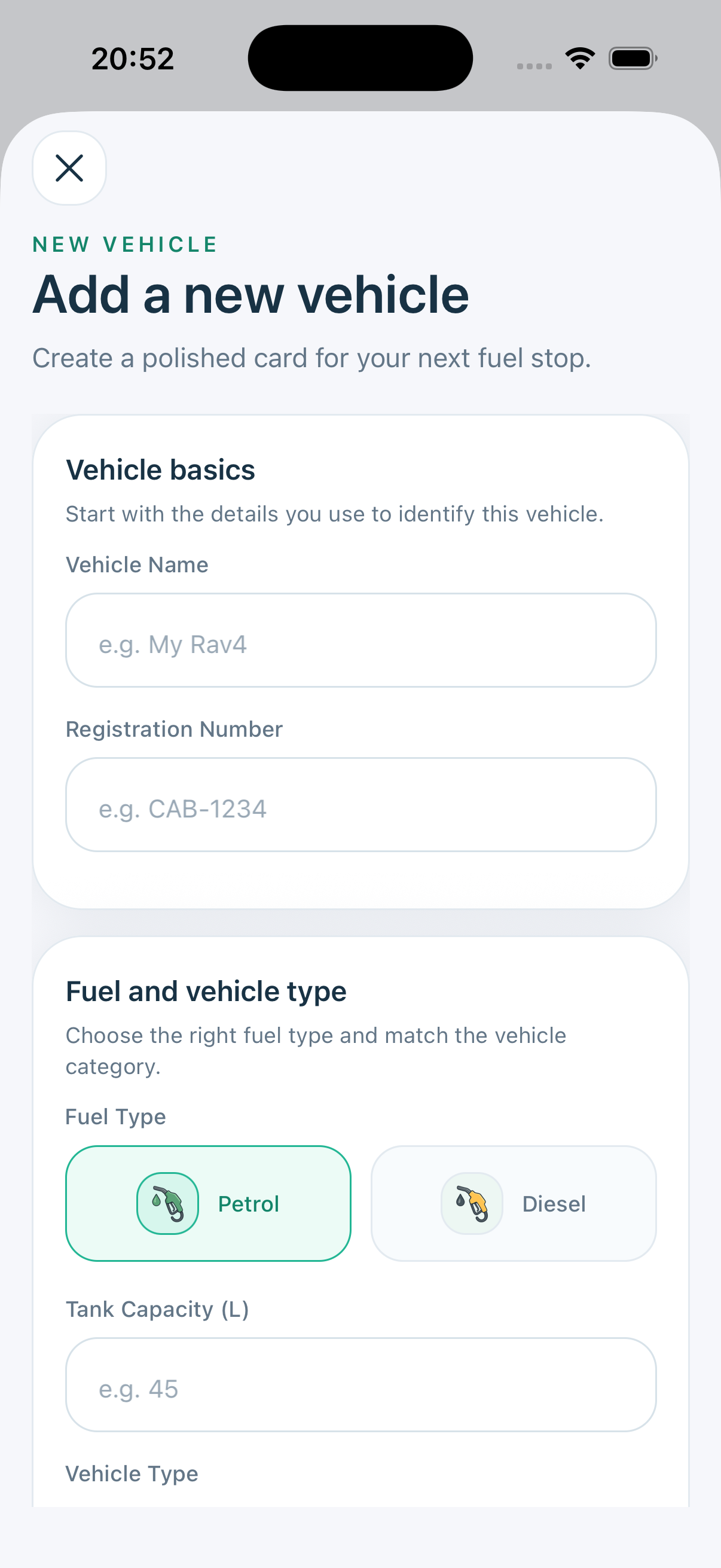 Ridura app Add Vehicle screen