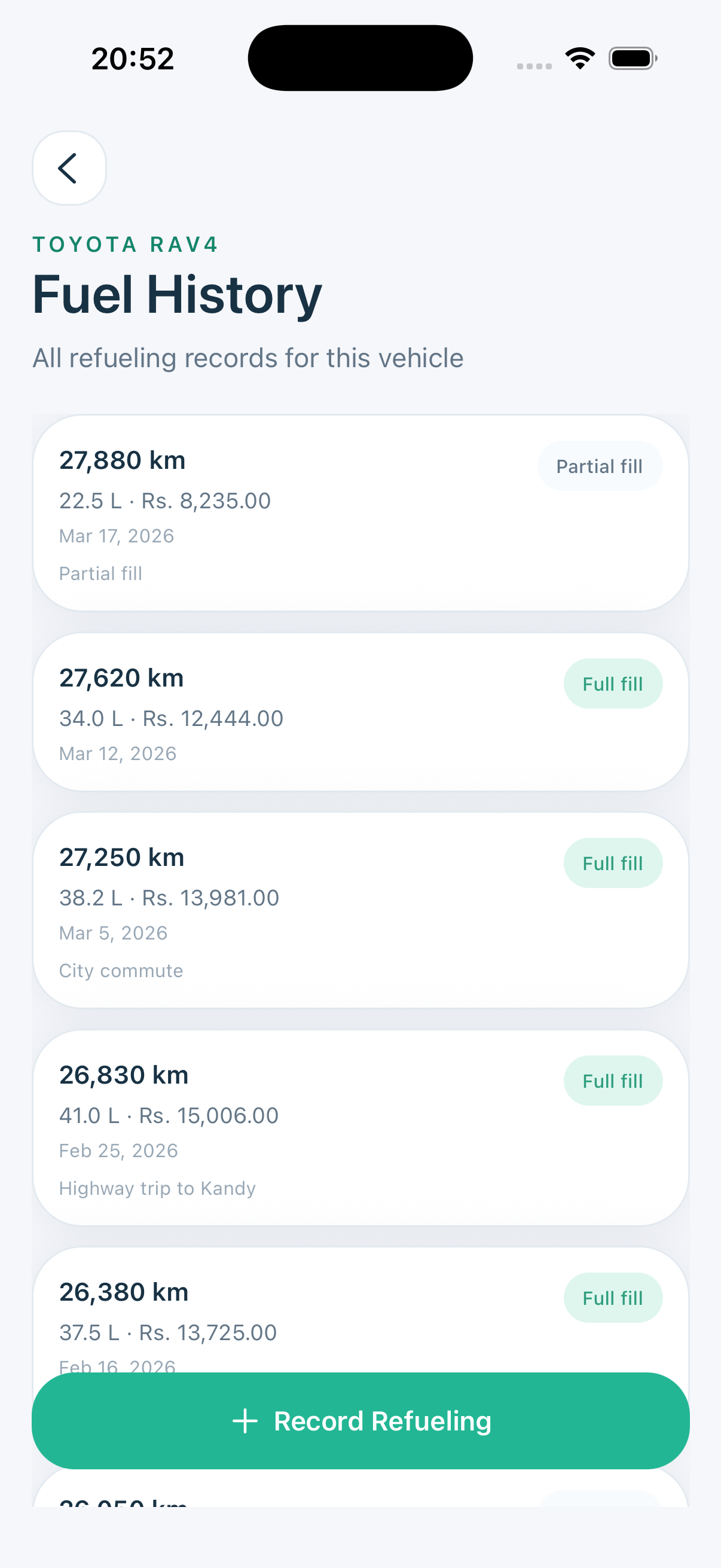 Ridura app Fuel History screen