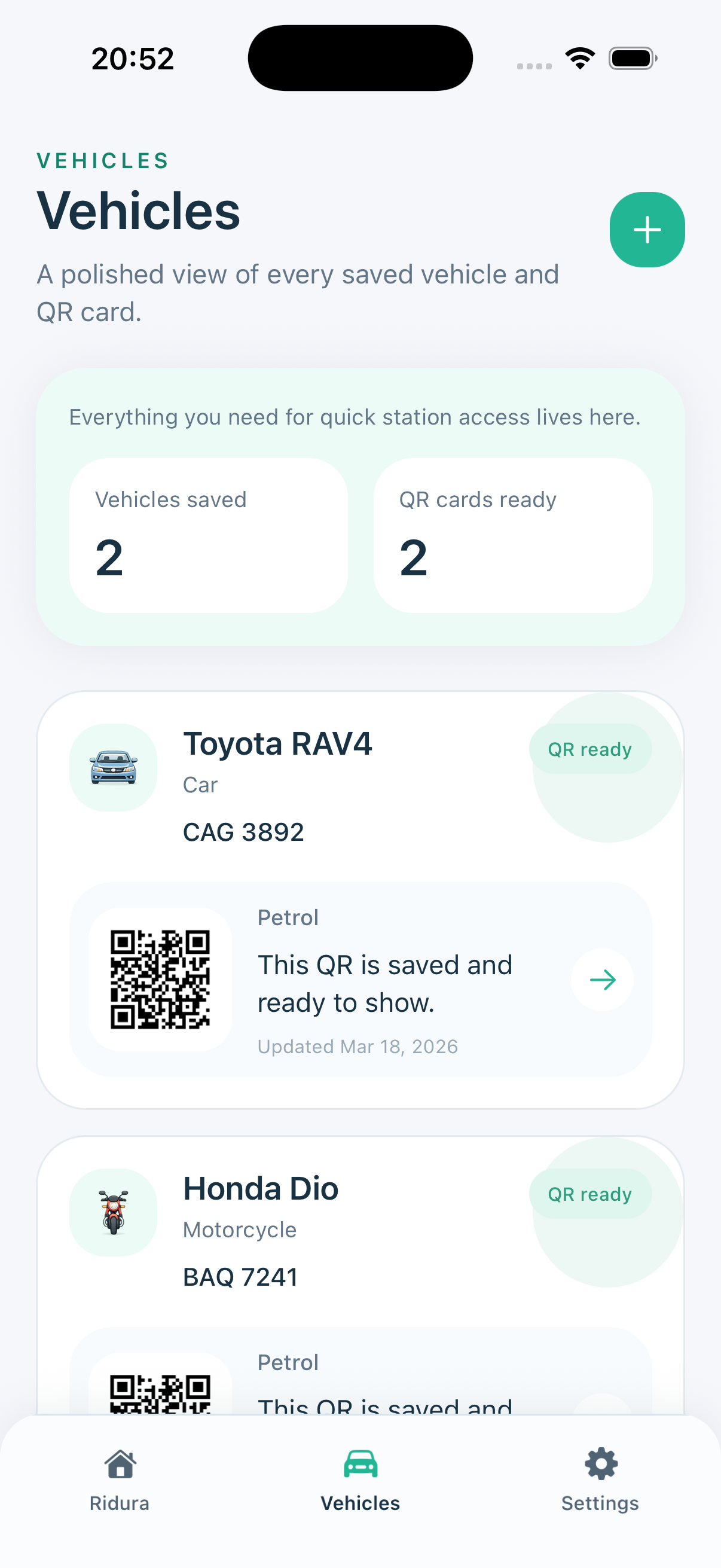 Ridura app Vehicles screen