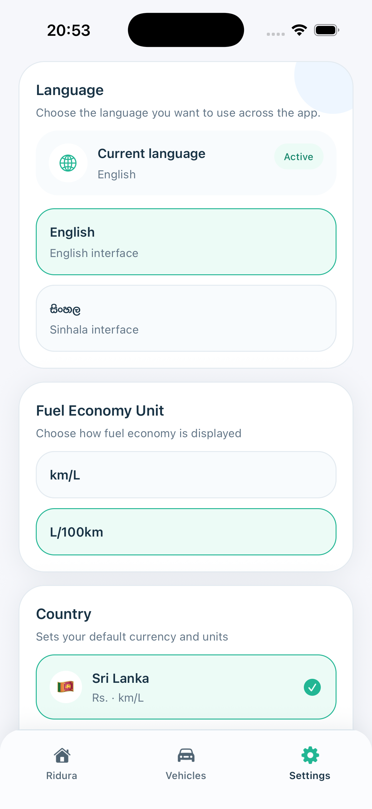Ridura app Settings screen